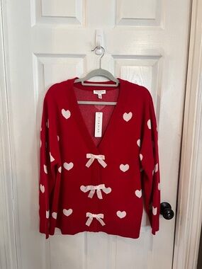 Red Heart-Print Cardigan with Bow Accents